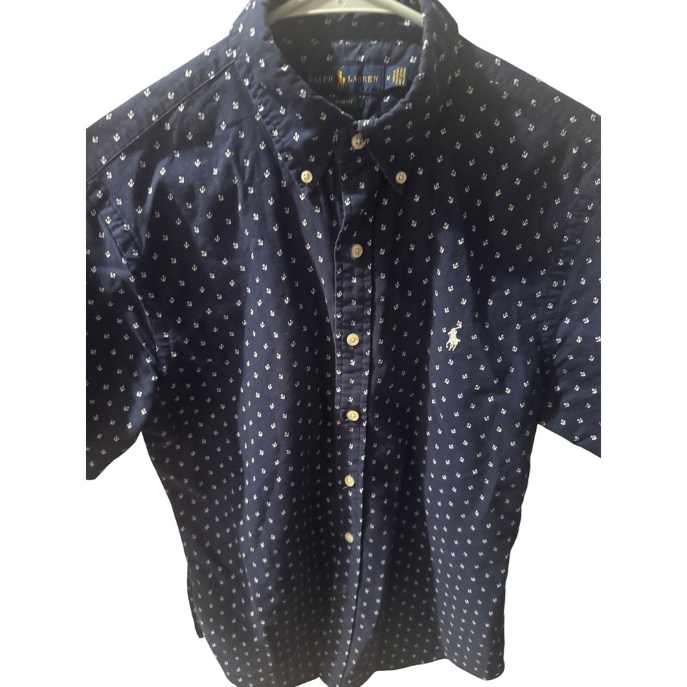 Ralph Lauren Mens Slim Fit Navy Blue Anchor Print Short Sleeve Button Down Shirt